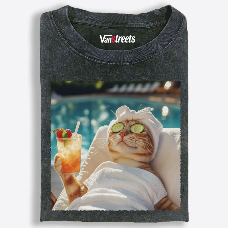 Chill Summer Spa Cat Washed T-Shirt | 100% Cotton | Streetwear Essential