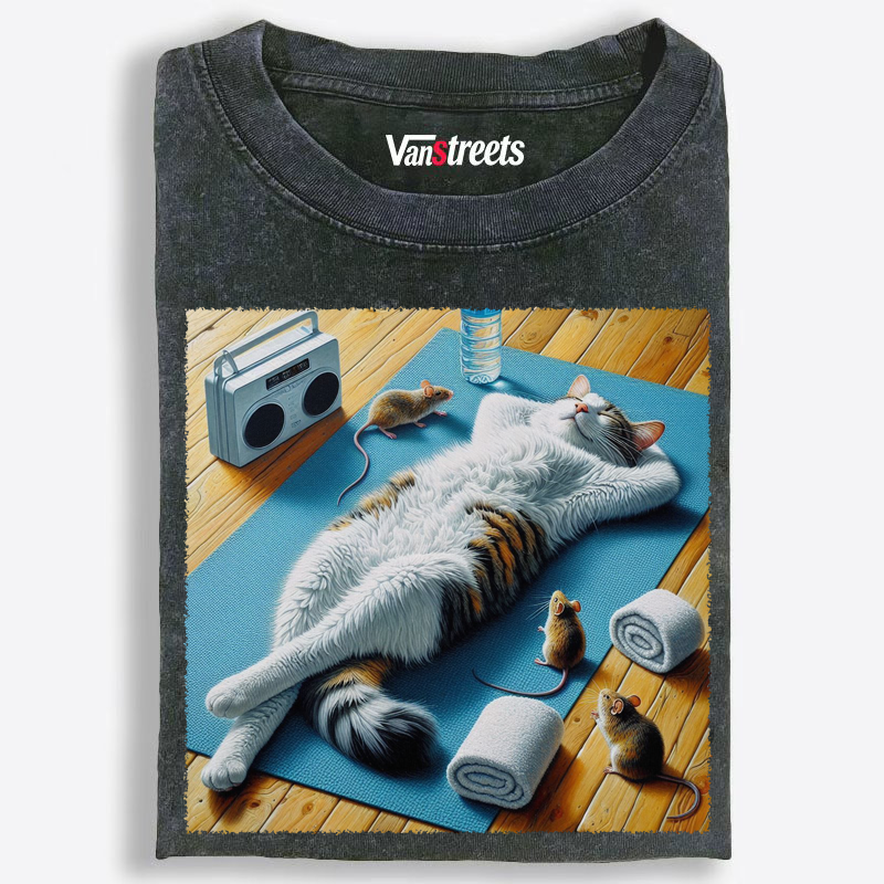 Funny Cat Relaxing On A Yoga Mat Washed T-Shirt | 100% Cotton | Streetwear Essential