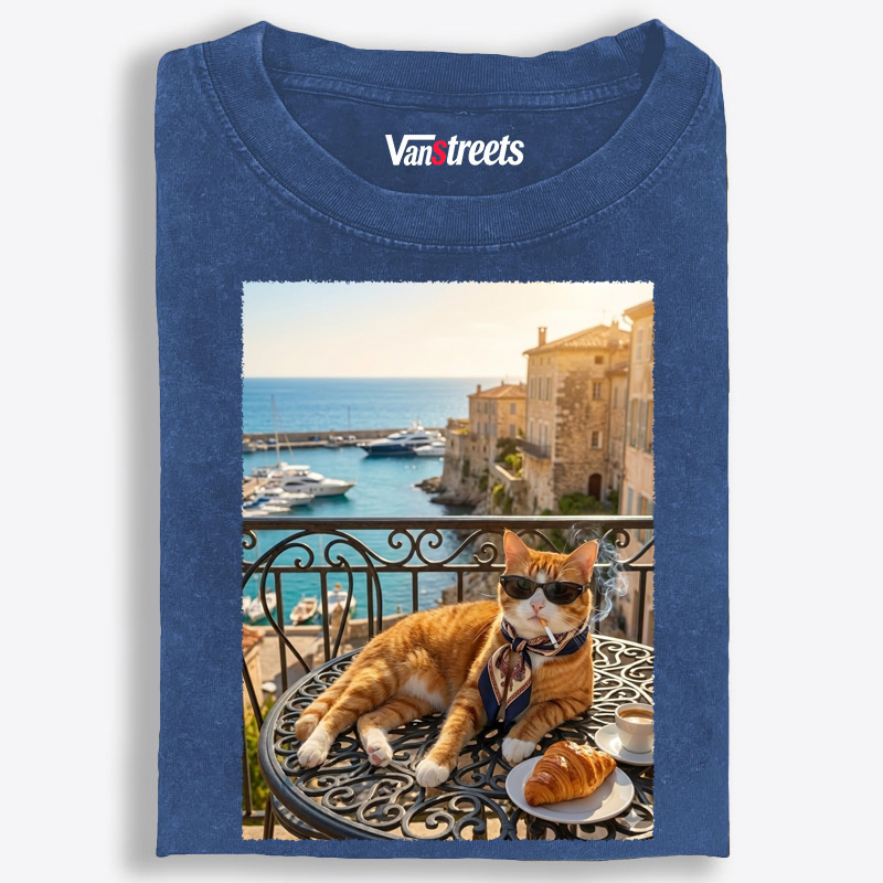 Stylish Orange Cat On A European Balcony Washed T-Shirt | 100% Cotton | Streetwear Essential