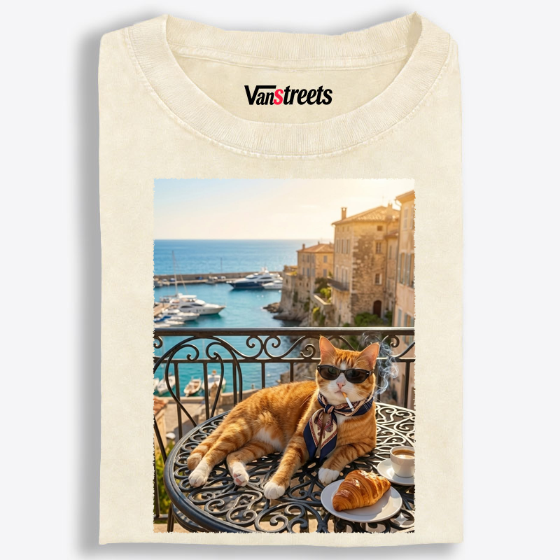 Stylish Orange Cat On A European Balcony Washed T-Shirt | 100% Cotton | Streetwear Essential