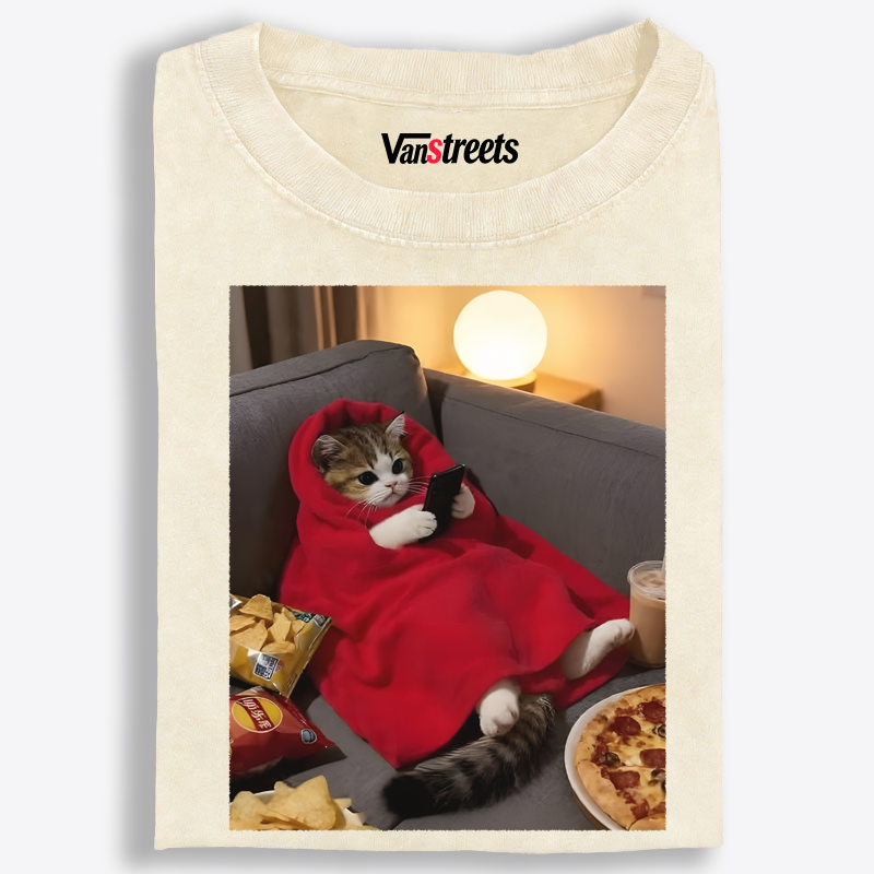 Cozy Night In Cat Washed T-Shirt | 100% Cotton | Streetwear Essential
