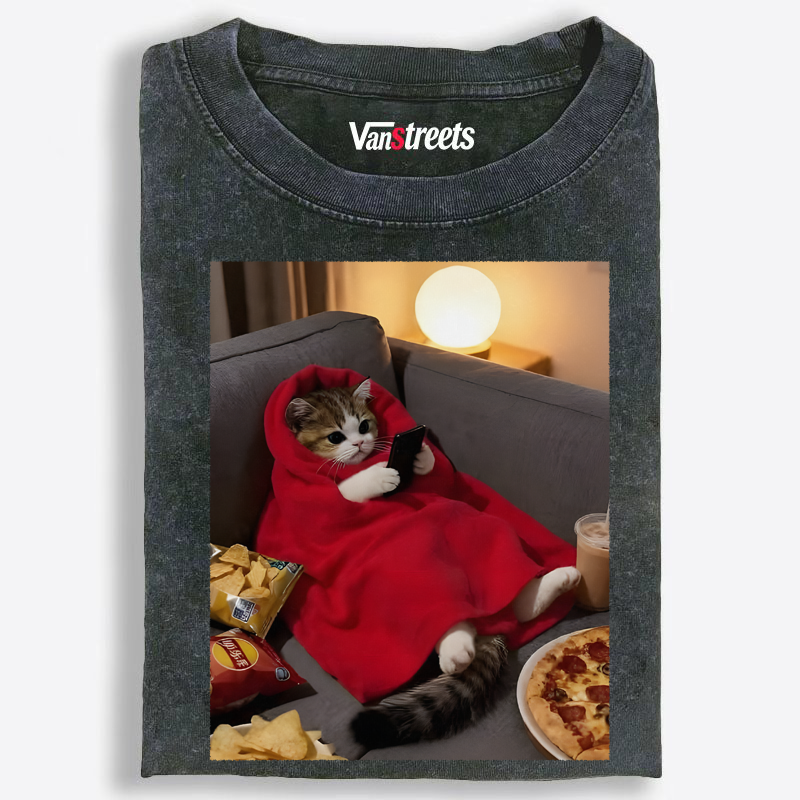 Cozy Night In Cat Washed T-Shirt | 100% Cotton | Streetwear Essential