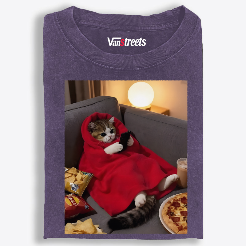 Cozy Night In Cat Washed T-Shirt | 100% Cotton | Streetwear Essential