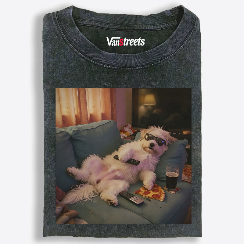 Sunglasses Couch Potato Dog Washed T-Shirt | 100% Cotton | Streetwear Essential