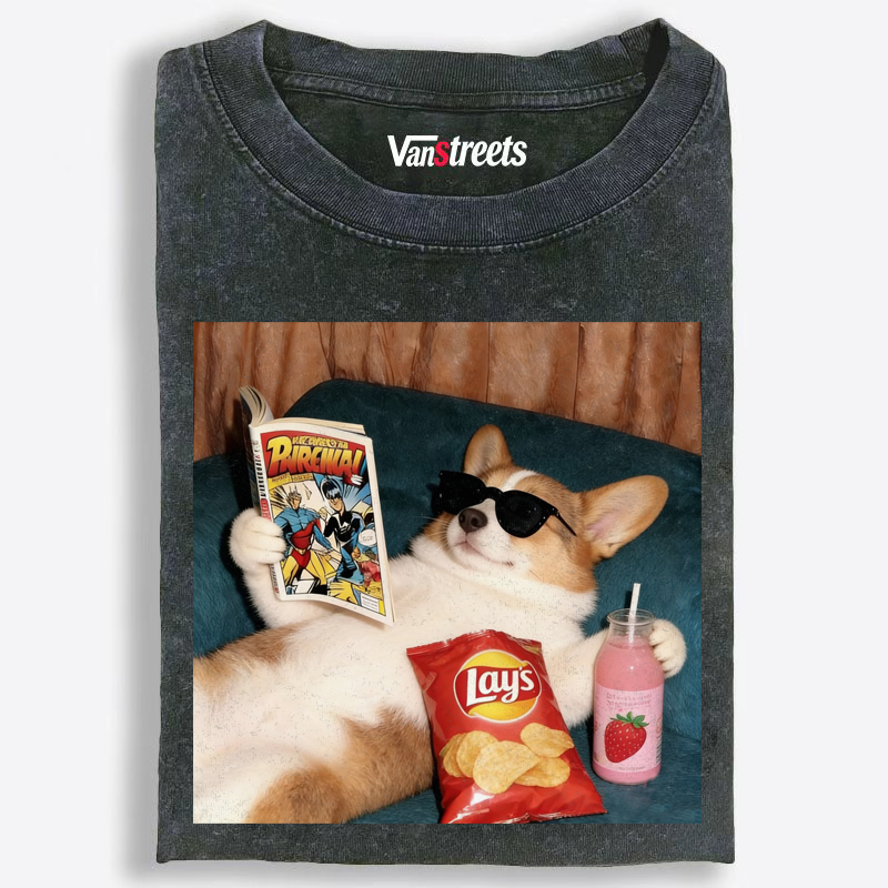 Comic Book Corgi Snack Vibes Washed T-Shirt | 100% Cotton | Streetwear Essential