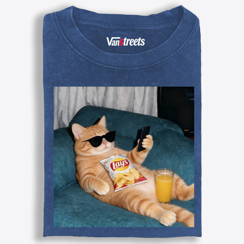 Snack Time Orange Cat Washed T-Shirt | 100% Cotton | Streetwear Essential