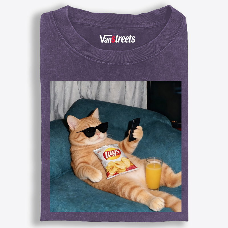 Snack Time Orange Cat Washed T-Shirt | 100% Cotton | Streetwear Essential