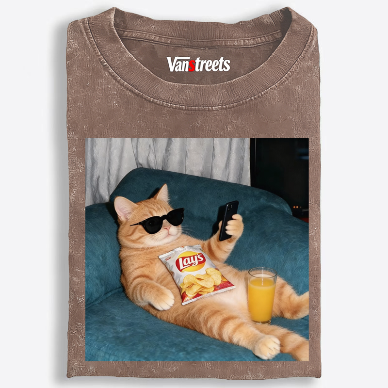 Snack Time Orange Cat Washed T-Shirt | 100% Cotton | Streetwear Essential