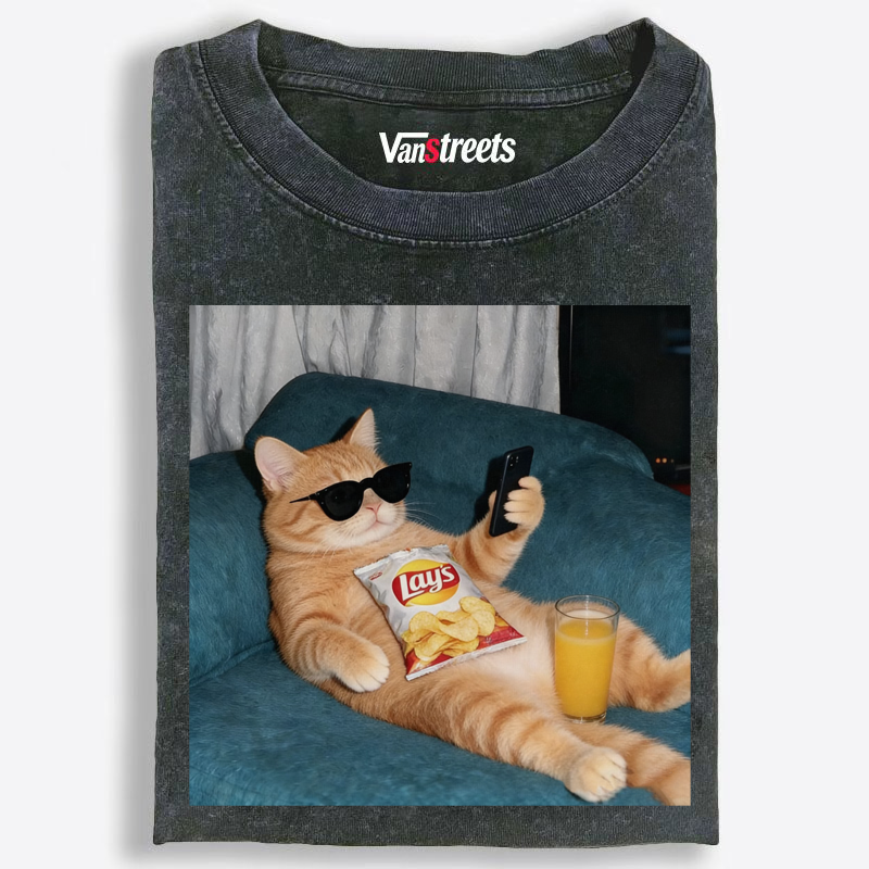Snack Time Orange Cat Washed T-Shirt | 100% Cotton | Streetwear Essential