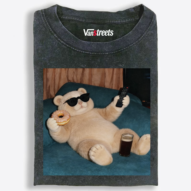 Donut Movie Night Bear Washed T-Shirt | 100% Cotton | Streetwear Essential