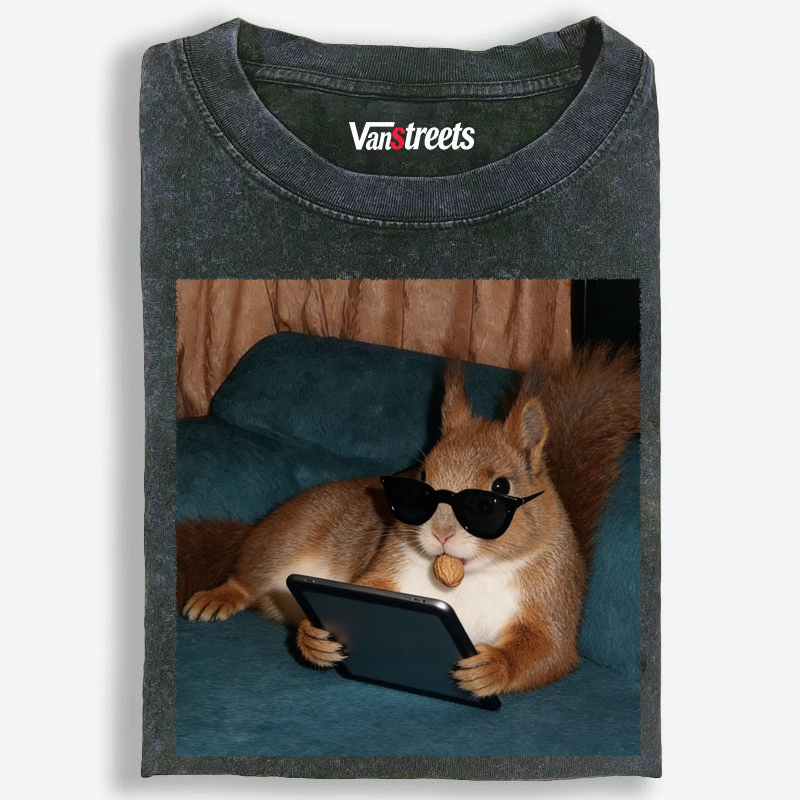 Cool Sunglasses Squirrel with Tablet Washed T-Shirt | 100% Cotton | Streetwear Essential