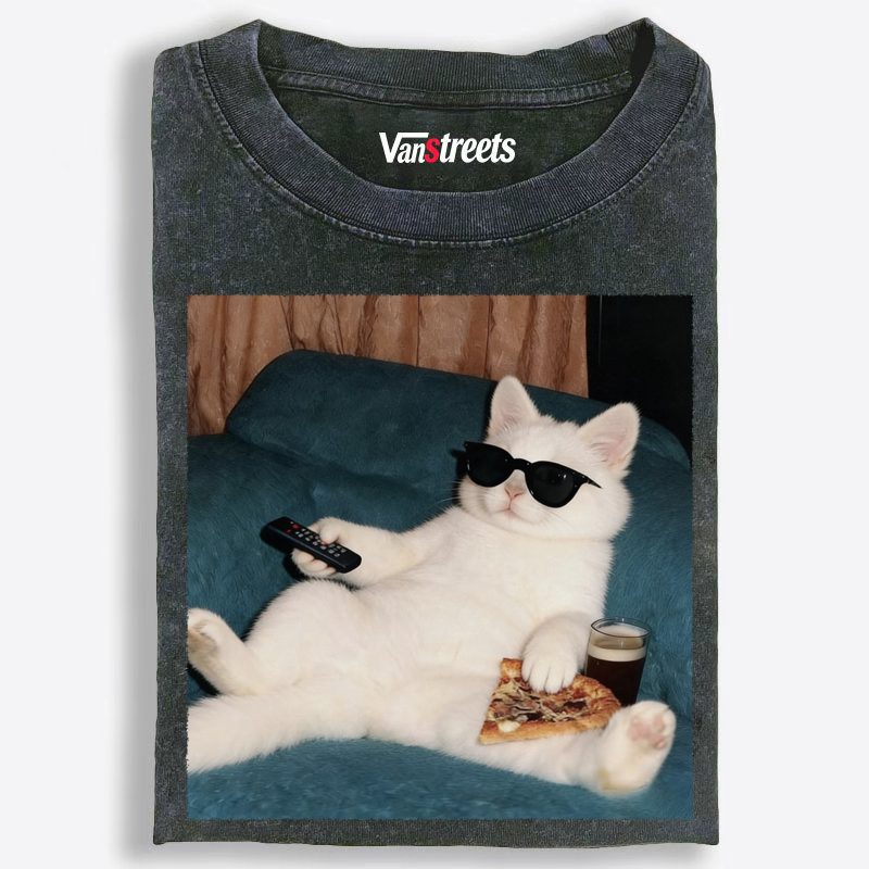 Lazy White Cat Graphic Washed T-Shirt | 100% Cotton | Streetwear Essential