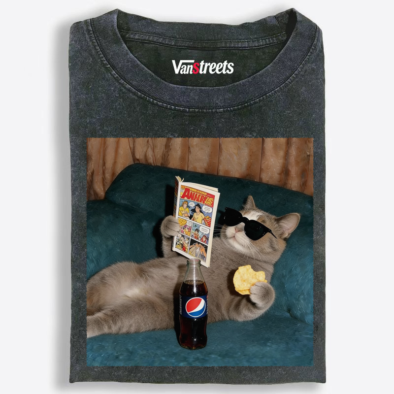 Relaxed Grey Cat Comic & Pepsi Washed T-Shirt | 100% Cotton | Streetwear Essential