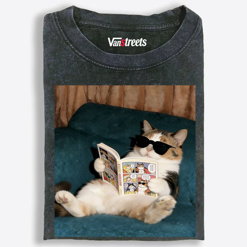 Trendy Calico Cat Comic Reader Washed T-Shirt | 100% Cotton | Streetwear Essential