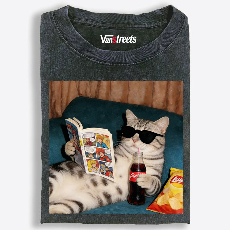 Cool Tabby Cat Comic & Coke Washed T-Shirt | 100% Cotton | Streetwear Essential