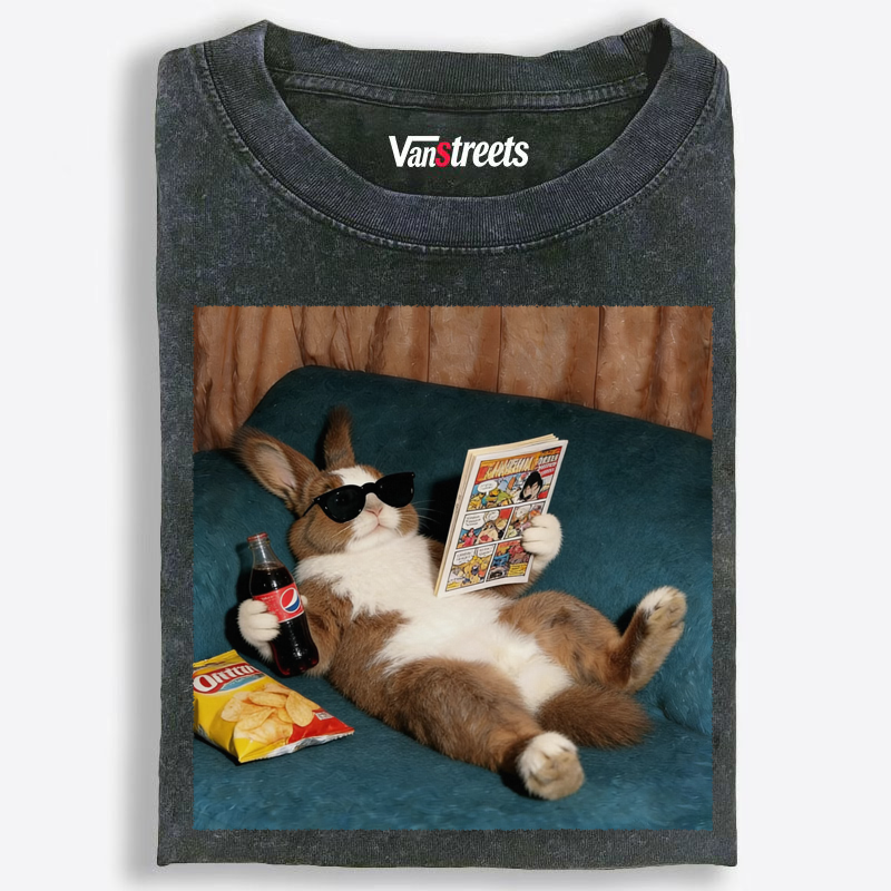 Laid-Back Bunny Comic & Snacks Washed T-Shirt | 100% Cotton | Streetwear Essential