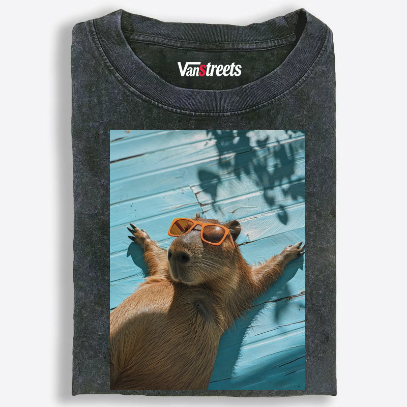 Chill Capybara Sunbathing Graphic Washed T-Shirt | 100% Cotton | Streetwear Essential