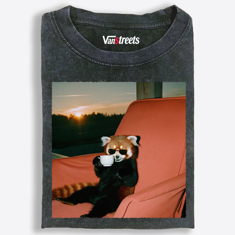 Laid-Back Red Panda Sunset Coffee Washed T-Shirt | 100% Cotton | Streetwear Essential
