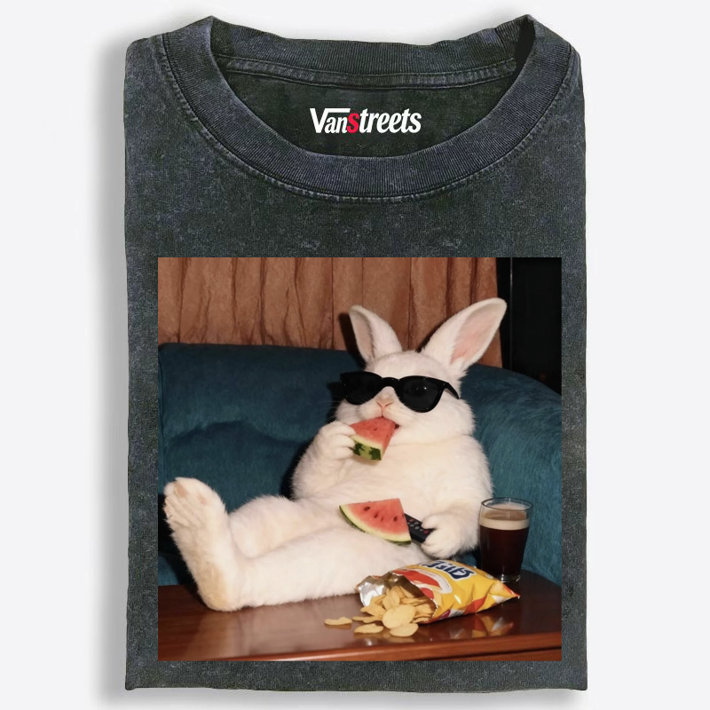 Sunglasses Rabbit with Watermelon & Chips Washed T-Shirt | 100% Cotton | Streetwear Essential