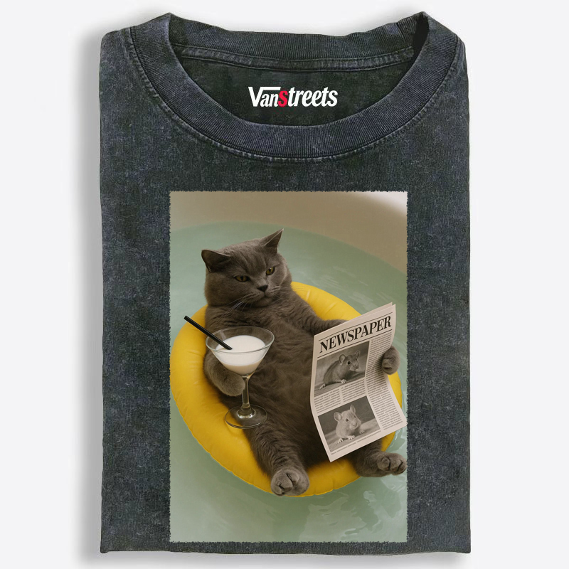 Cat Reading Newspaper with Cocktail Washed T-Shirt | 100% Cotton | Streetwear Essential