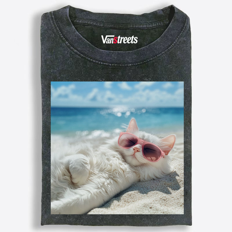 Lazy Beach Cat Sunbathing Washed T-Shirt | 100% Cotton | Streetwear Essential
