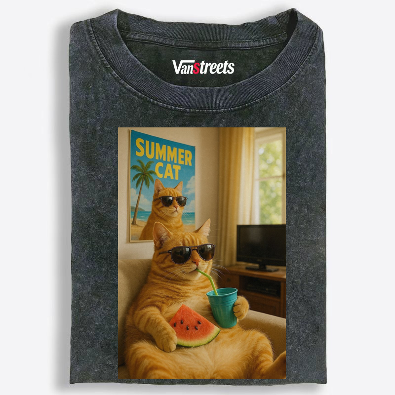 Laid-Back Orange Cat Summer Washed T-Shirt | 100% Cotton | Streetwear Essential
