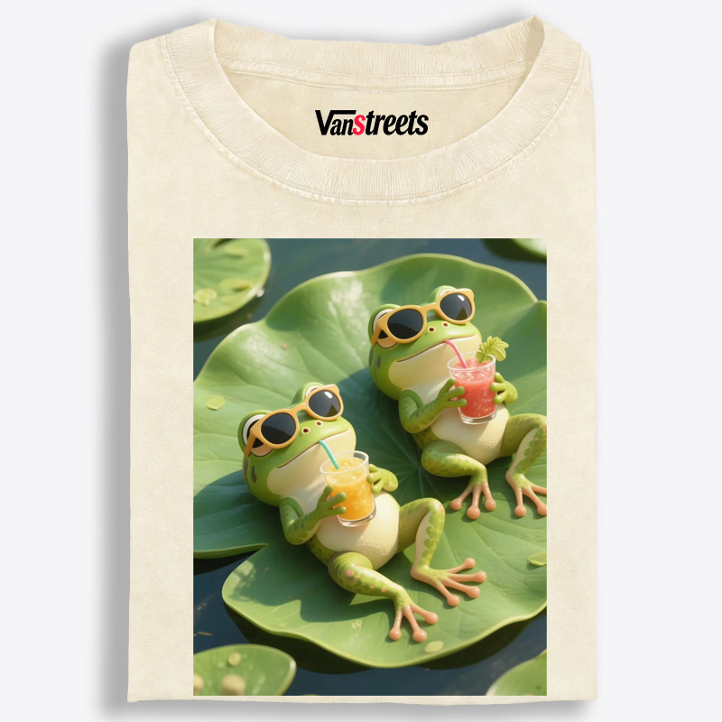 Cool Frogs on Lily Pad Graphic Washed T-Shirt | 100% Cotton | Streetwear Essential