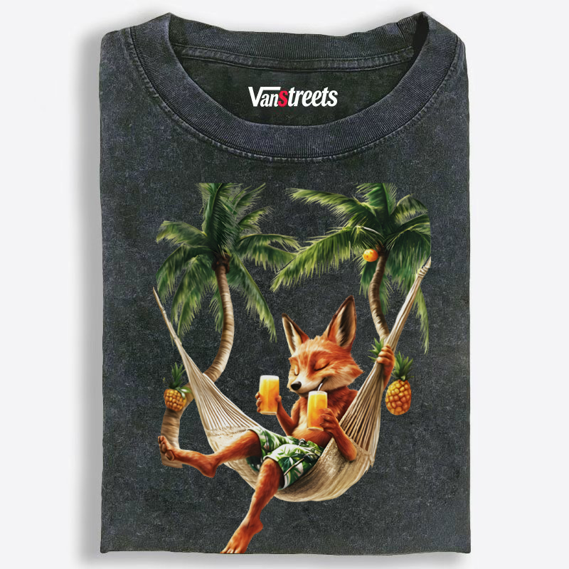 Fox Drinking Drinks in Hammock Washed T-Shirt | 100% Cotton | Streetwear Essential