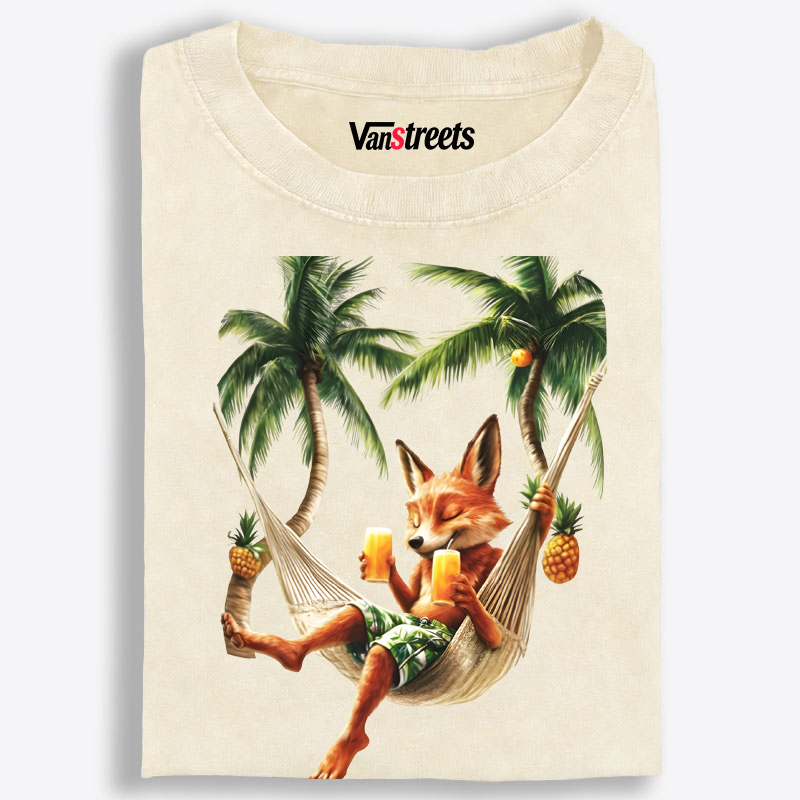 Fox Drinking Drinks in Hammock Washed T-Shirt | 100% Cotton | Streetwear Essential