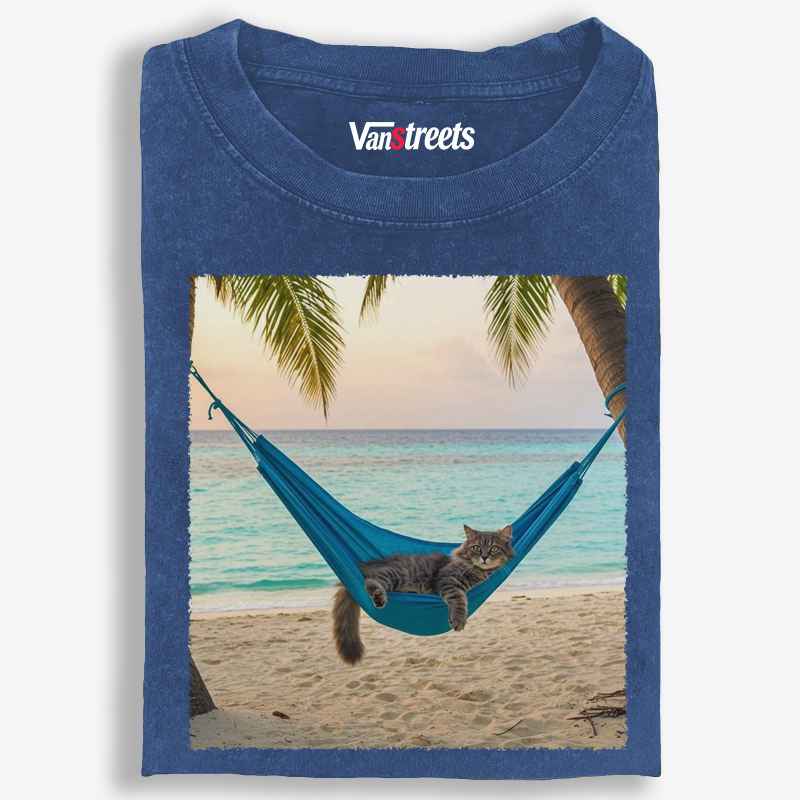 Tabby Cat Relaxing on Tropical Beach Washed T-Shirt | 100% Cotton | Streetwear Essential