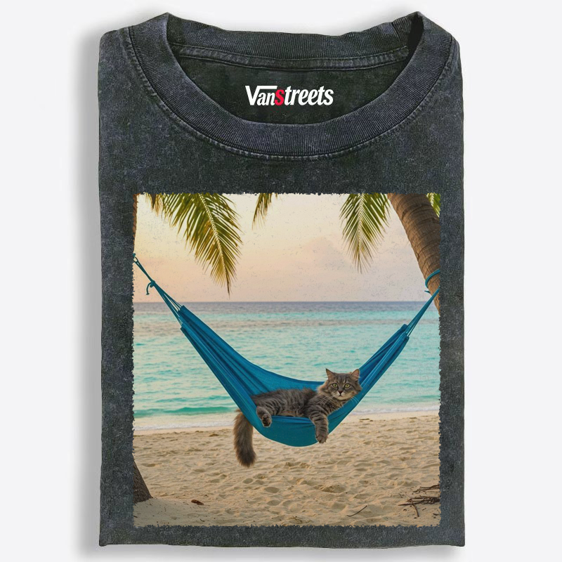 Tabby Cat Relaxing on Tropical Beach Washed T-Shirt | 100% Cotton | Streetwear Essential