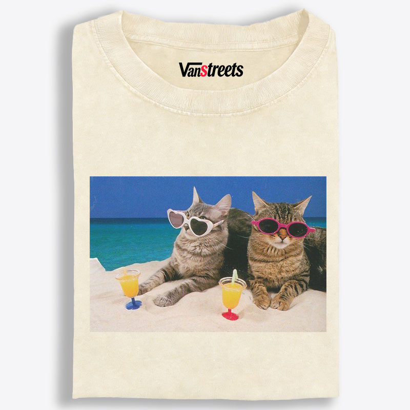 Vintage Beach Cats with Sunglasses Graphic Washed T-Shirt | 100% Cotton | Streetwear Essential