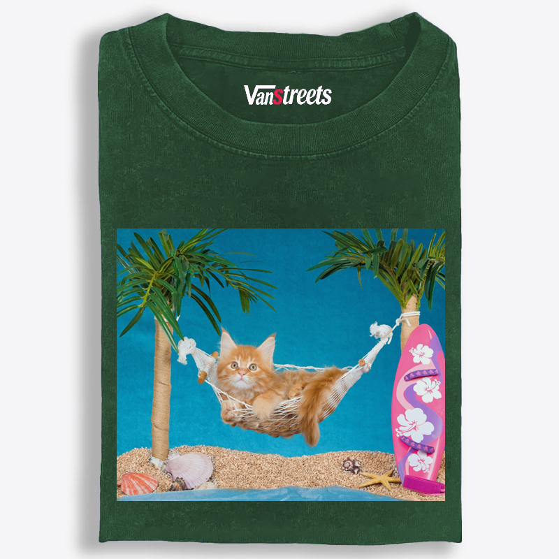 Tropical Hammock Kitten Graphic Washed T-Shirt | 100% Cotton | Streetwear Essential
