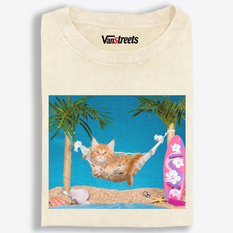 Tropical Hammock Kitten Graphic Washed T-Shirt | 100% Cotton | Streetwear Essential