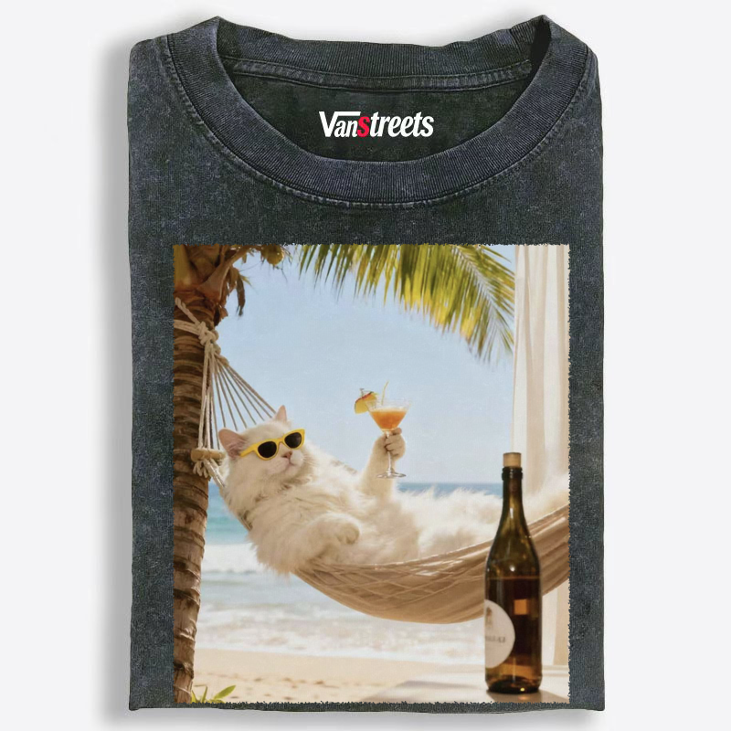 Luxury Beach Cat in Hammock Graphic Washed T-Shirt | 100% Cotton | Streetwear Essential