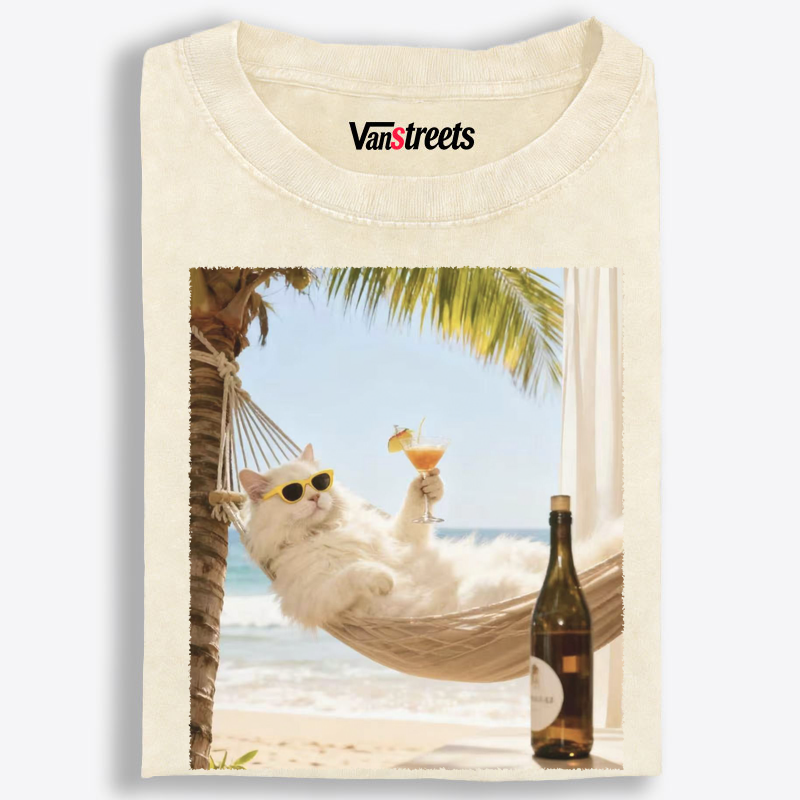 Luxury Beach Cat in Hammock Graphic Washed T-Shirt | 100% Cotton | Streetwear Essential