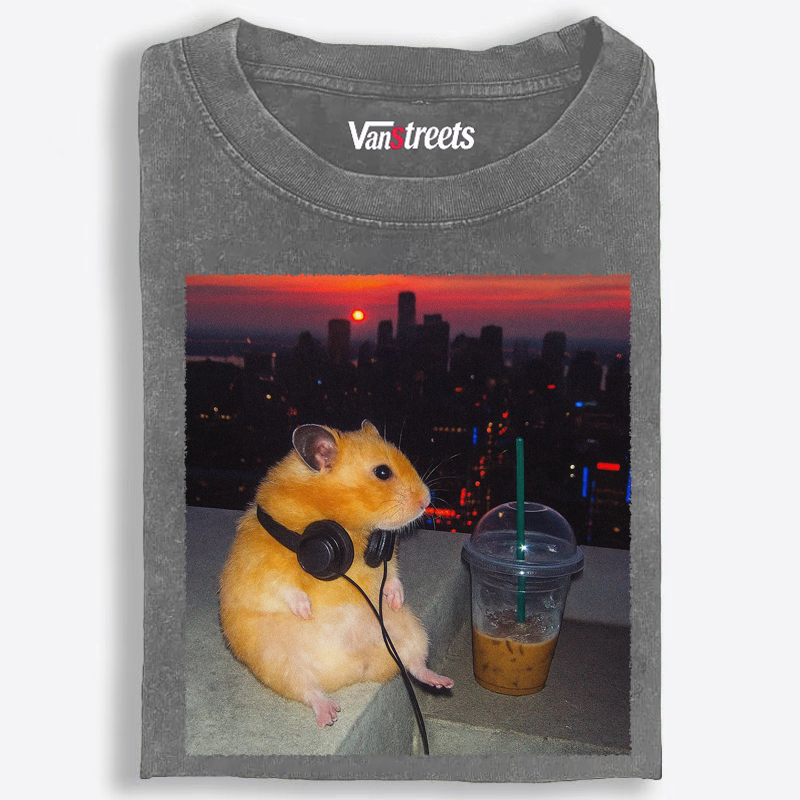 City Sunset Hamster Graphic Washed T-Shirt | 100% Cotton | Streetwear Essential