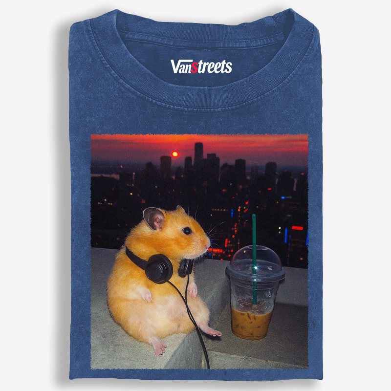 City Sunset Hamster Graphic Washed T-Shirt | 100% Cotton | Streetwear Essential