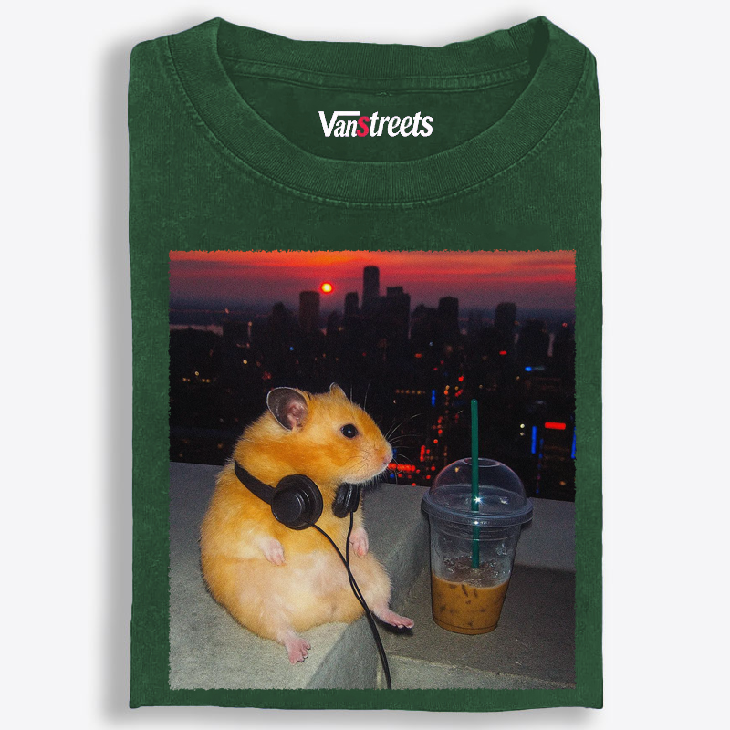 City Sunset Hamster Graphic Washed T-Shirt | 100% Cotton | Streetwear Essential