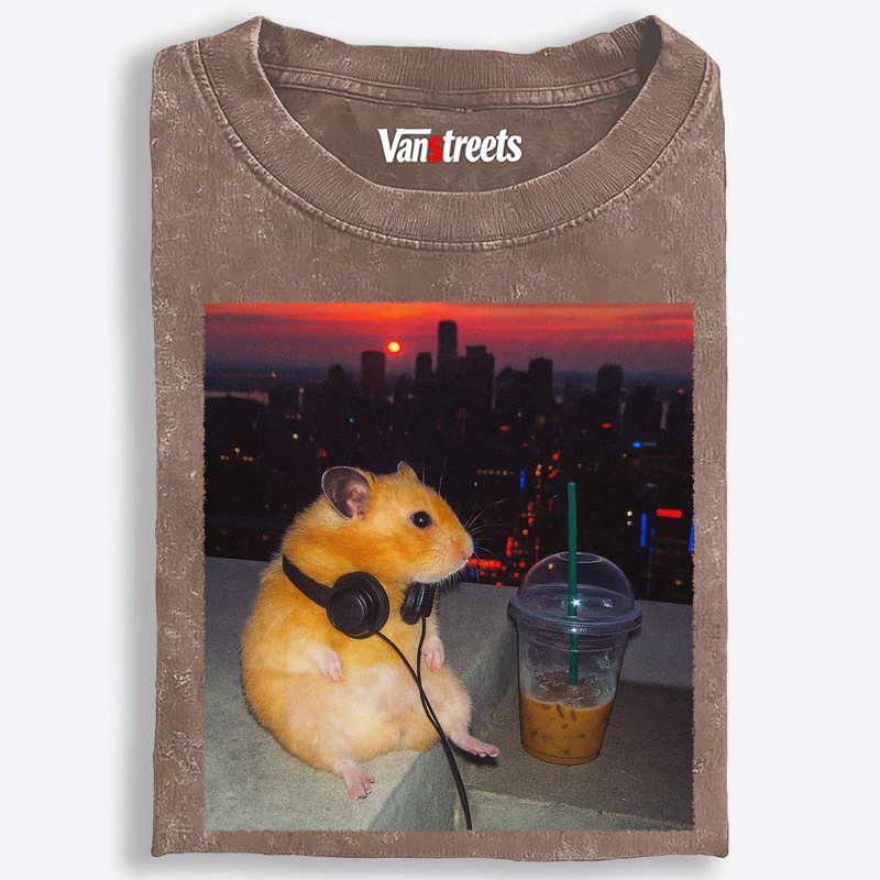 City Sunset Hamster Graphic Washed T-Shirt | 100% Cotton | Streetwear Essential