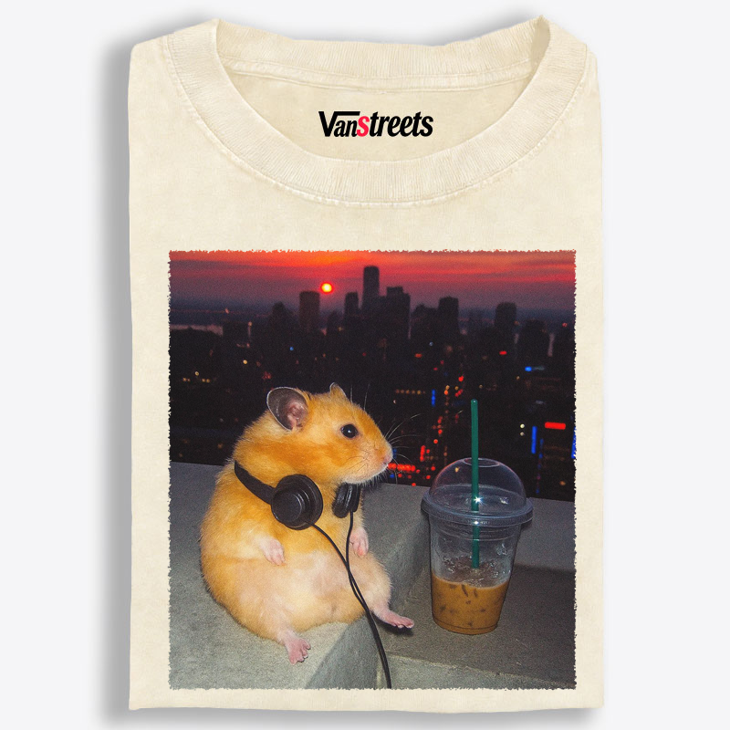 City Sunset Hamster Graphic Washed T-Shirt | 100% Cotton | Streetwear Essential