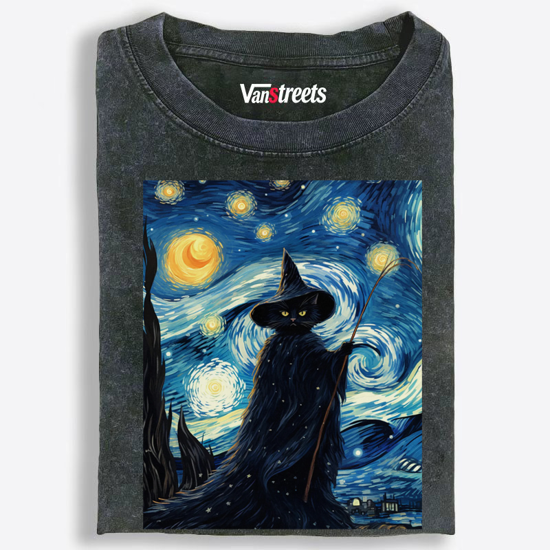 Starry Night Witch Cat Graphic Washed T-Shirt | 100% Cotton | Streetwear Essential