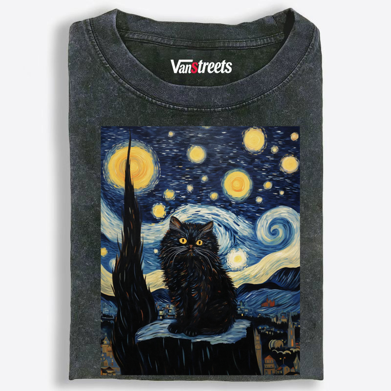 Van Gogh Inspired Cat in The Starry Night Graphic Washed T-Shirt | 100% Cotton |Streetwear Essential