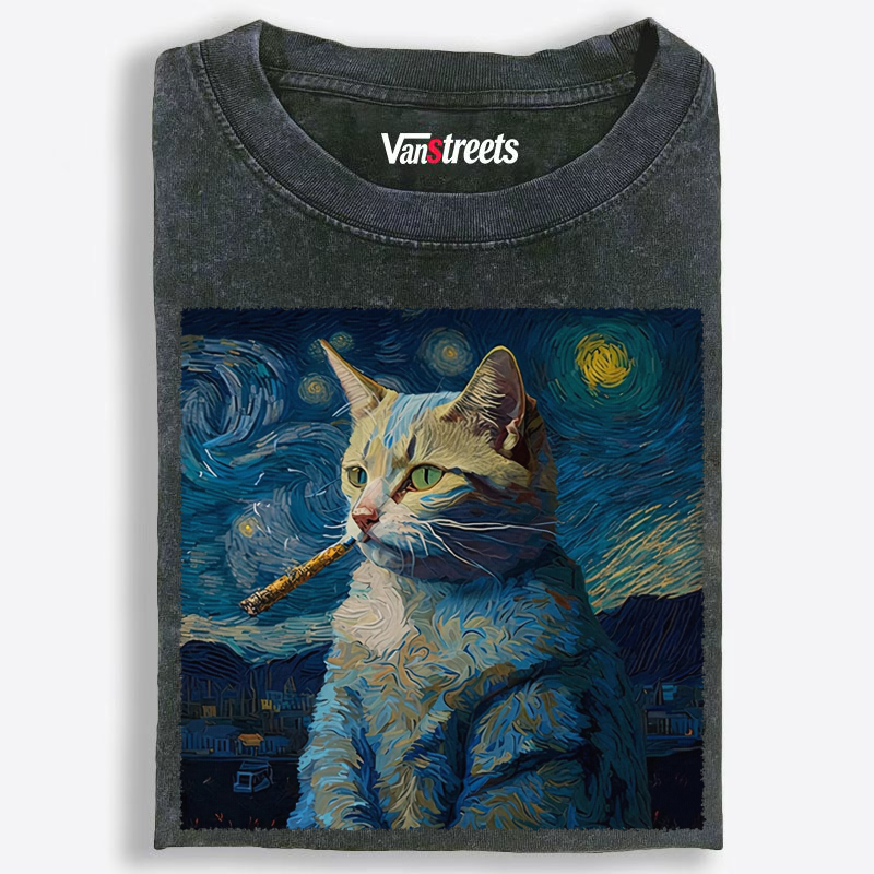 Van Gogh Inspired Smoking Cat Graphic Washed T-Shirt | 100% Cotton | Streetwear Essential