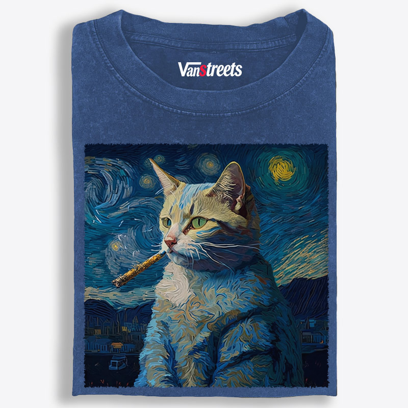Van Gogh Inspired Smoking Cat Graphic Washed T-Shirt | 100% Cotton | Streetwear Essential