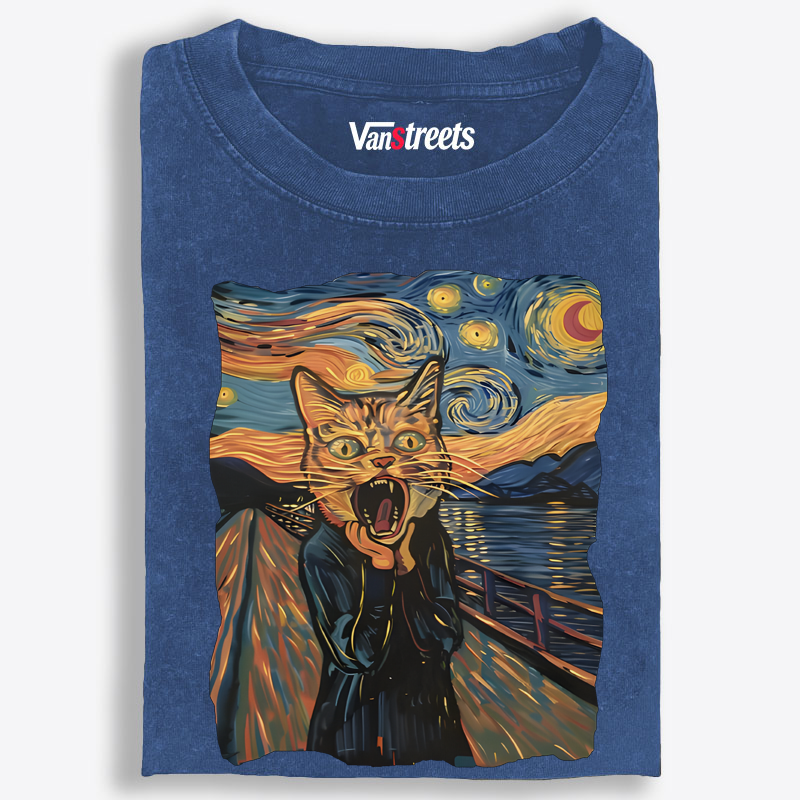 The Scream Cat Starry Night Graphic Washed T-Shirt | 100% Cotton | Streetwear Essential