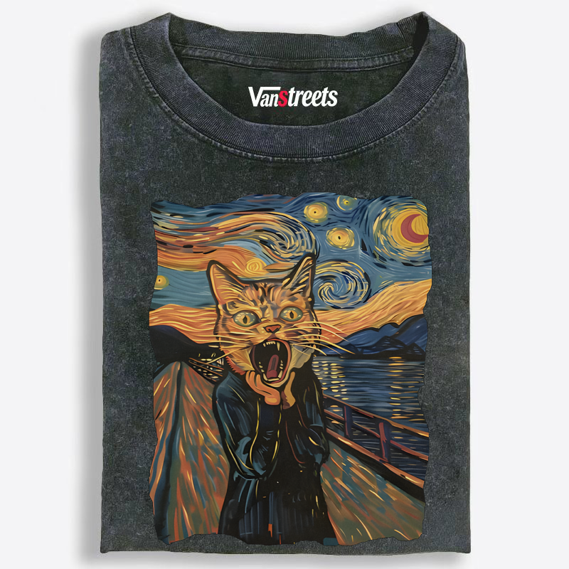 The Scream Cat Starry Night Graphic Washed T-Shirt | 100% Cotton | Streetwear Essential
