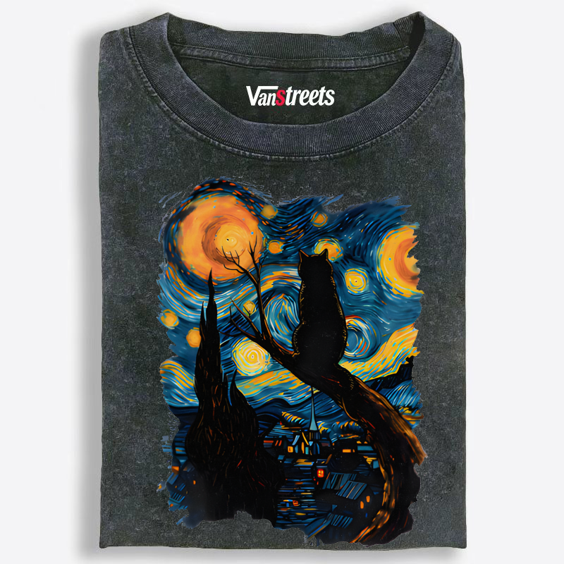 Van Gogh Inspired Black Cat on Branch Washed T-Shirt | 100% Cotton | Streetwear Essential