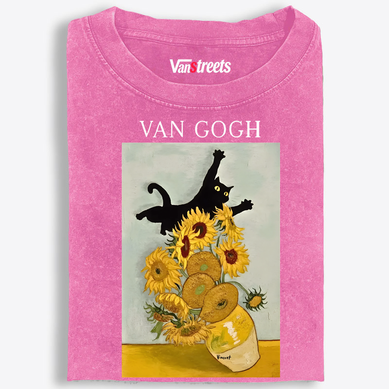 Funny Van Gogh Art Cat Graphic Washed T-Shirt | 100% Cotton | Streetwear Essential