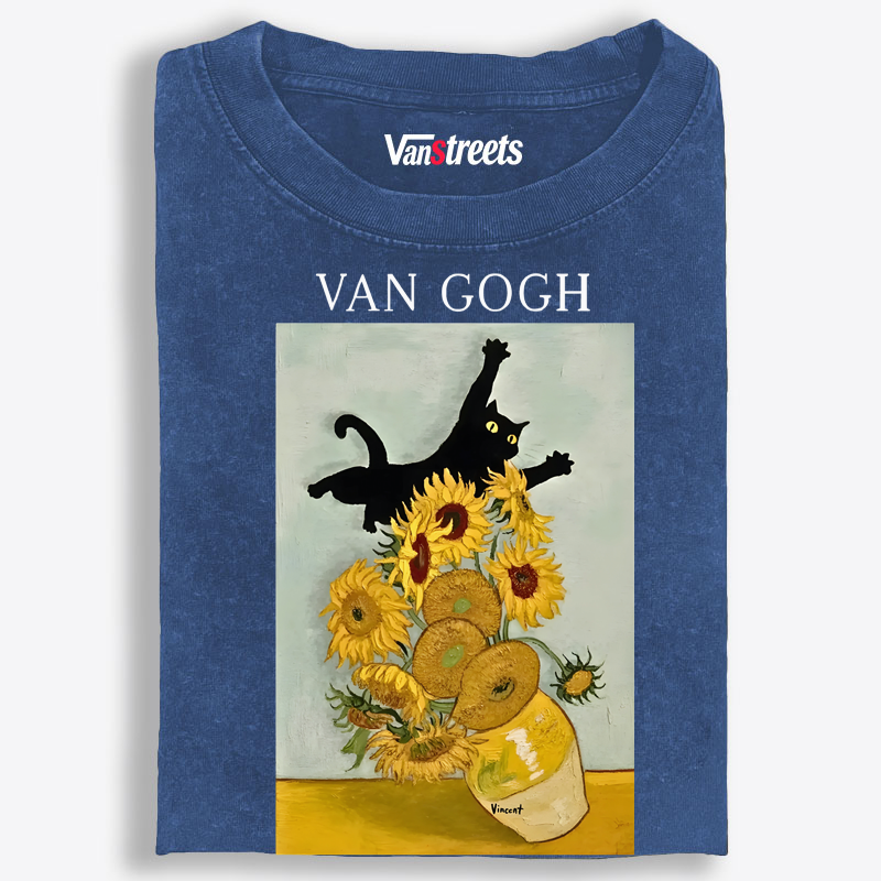 Funny Van Gogh Art Cat Graphic Washed T-Shirt | 100% Cotton | Streetwear Essential